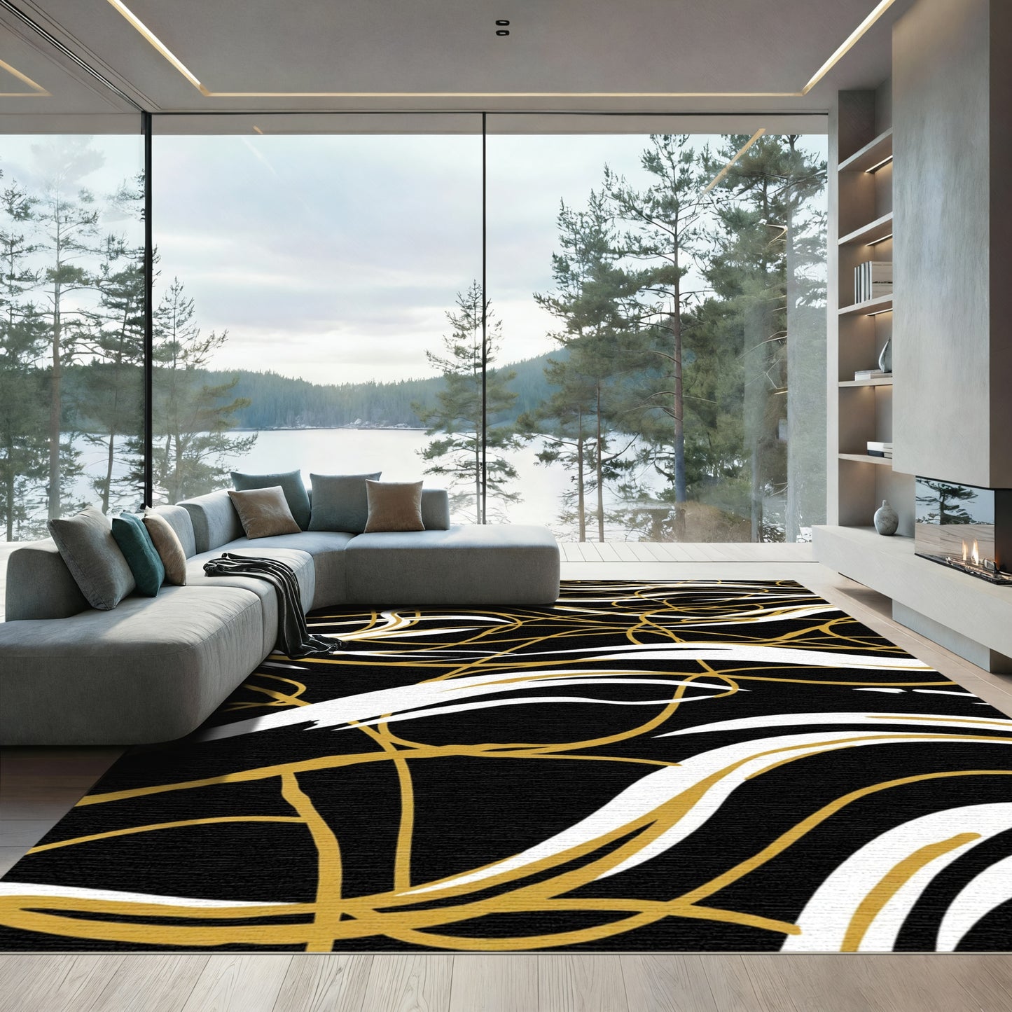 Gold White Black Abstract Swirl Rug