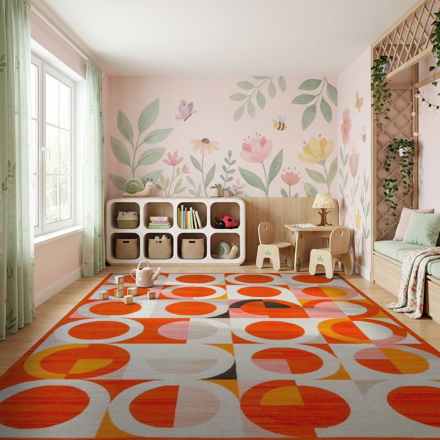 Vibrant Orange Pink Circles Geometric Rug