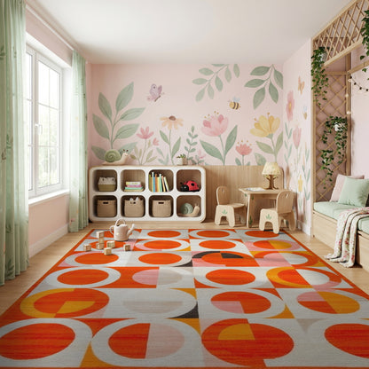 Vibrant Orange Pink Circles Geometric Rug