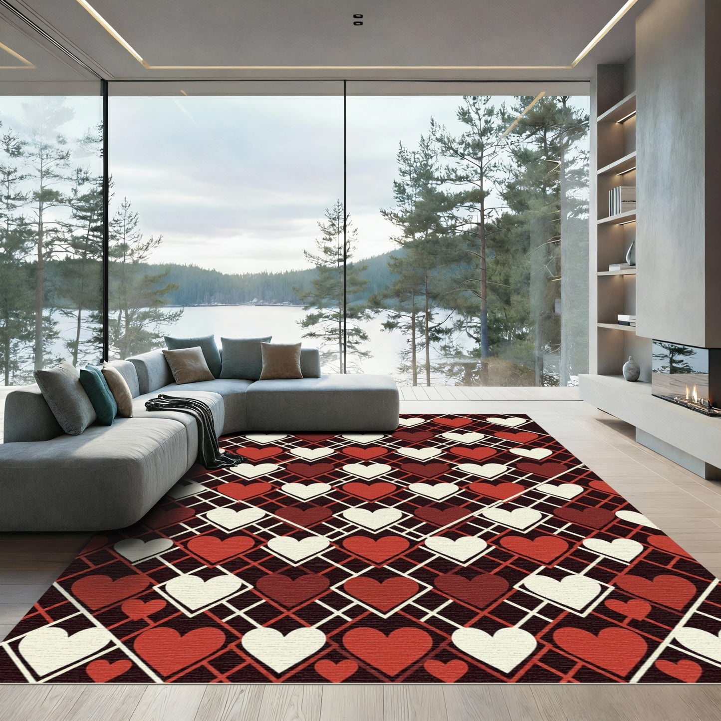 Red and Cream Geometric Heart Lattice Rug