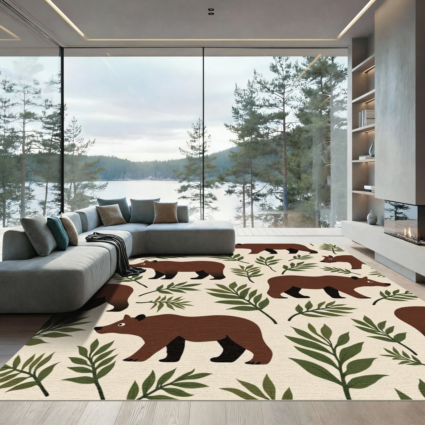 Brown Bear Woodland Botanical Repeating Rug