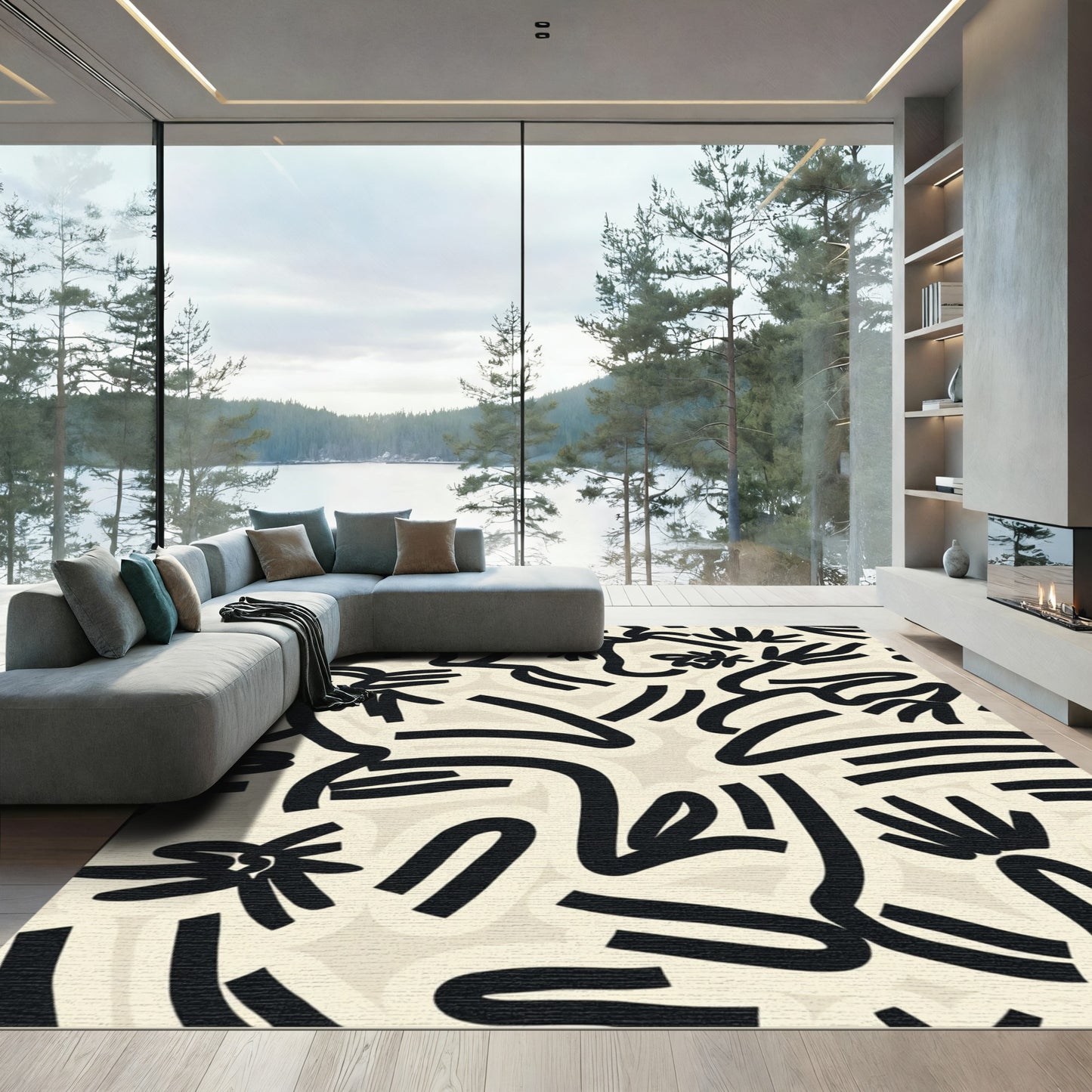 Abstract Black Beige Line Art Rug