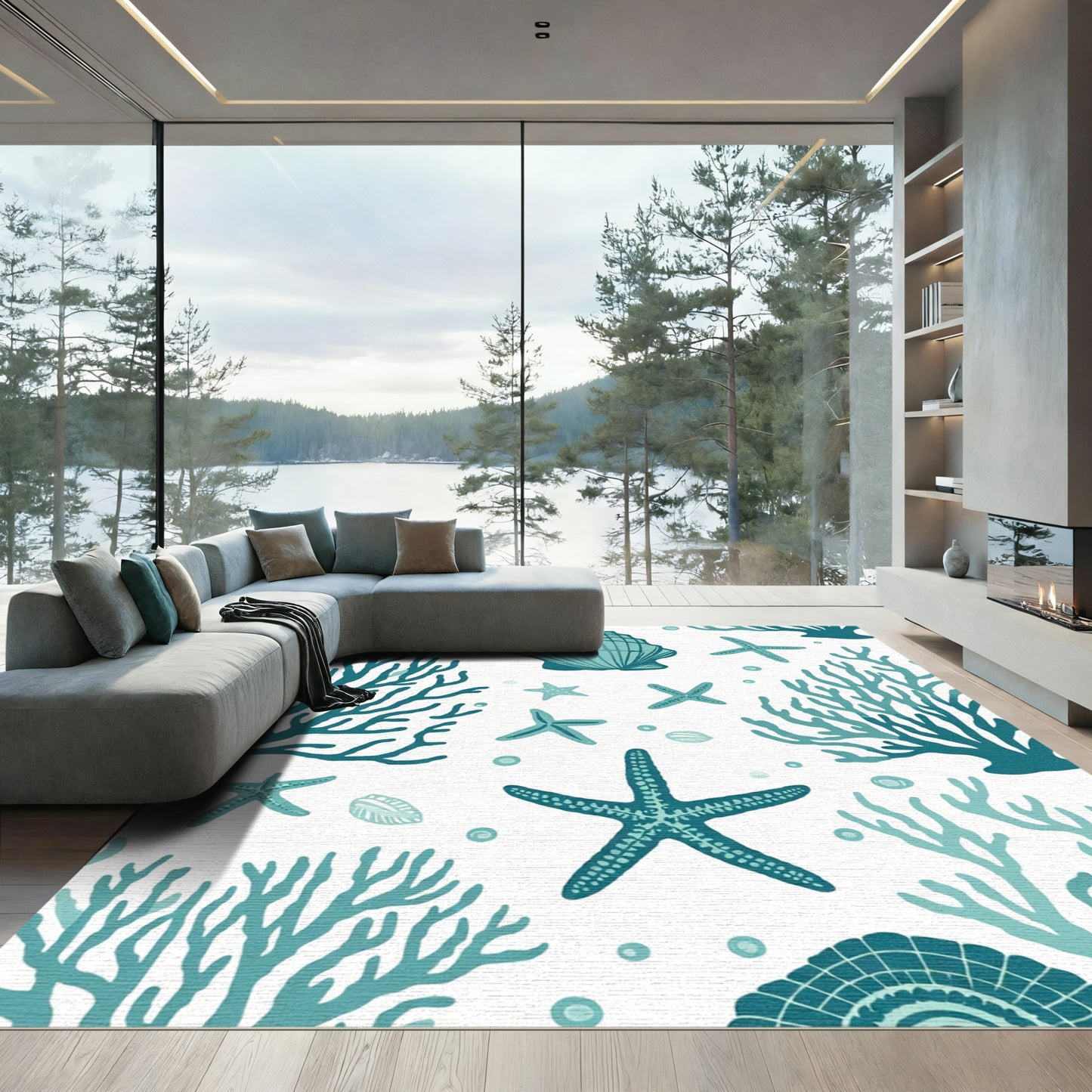 Teal Coral Starfish Seashell Ocean Scene Rug