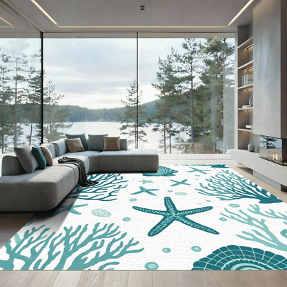 Teal Coral Starfish Seashell Ocean Scene Rug