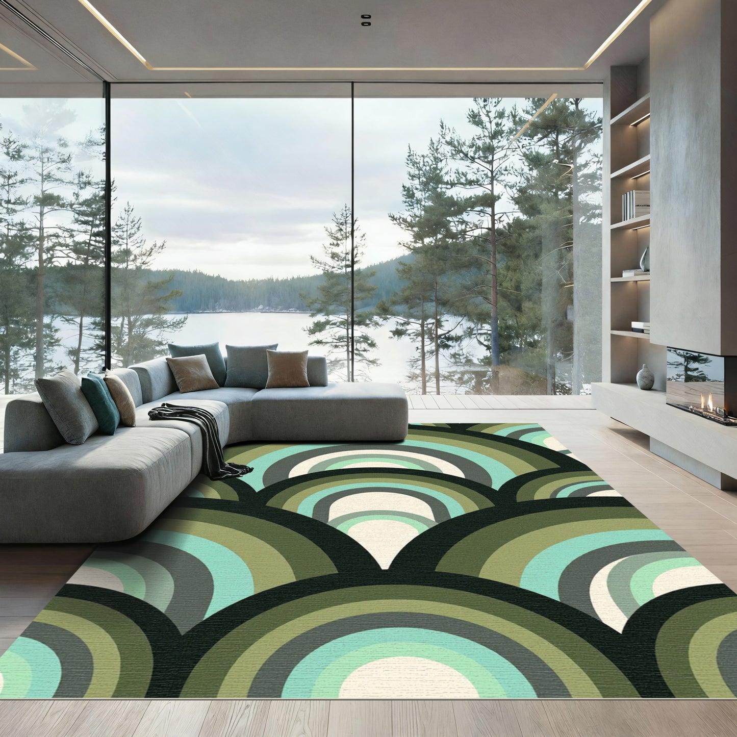 Mid-Century Olive Green Arch Overlay Rug