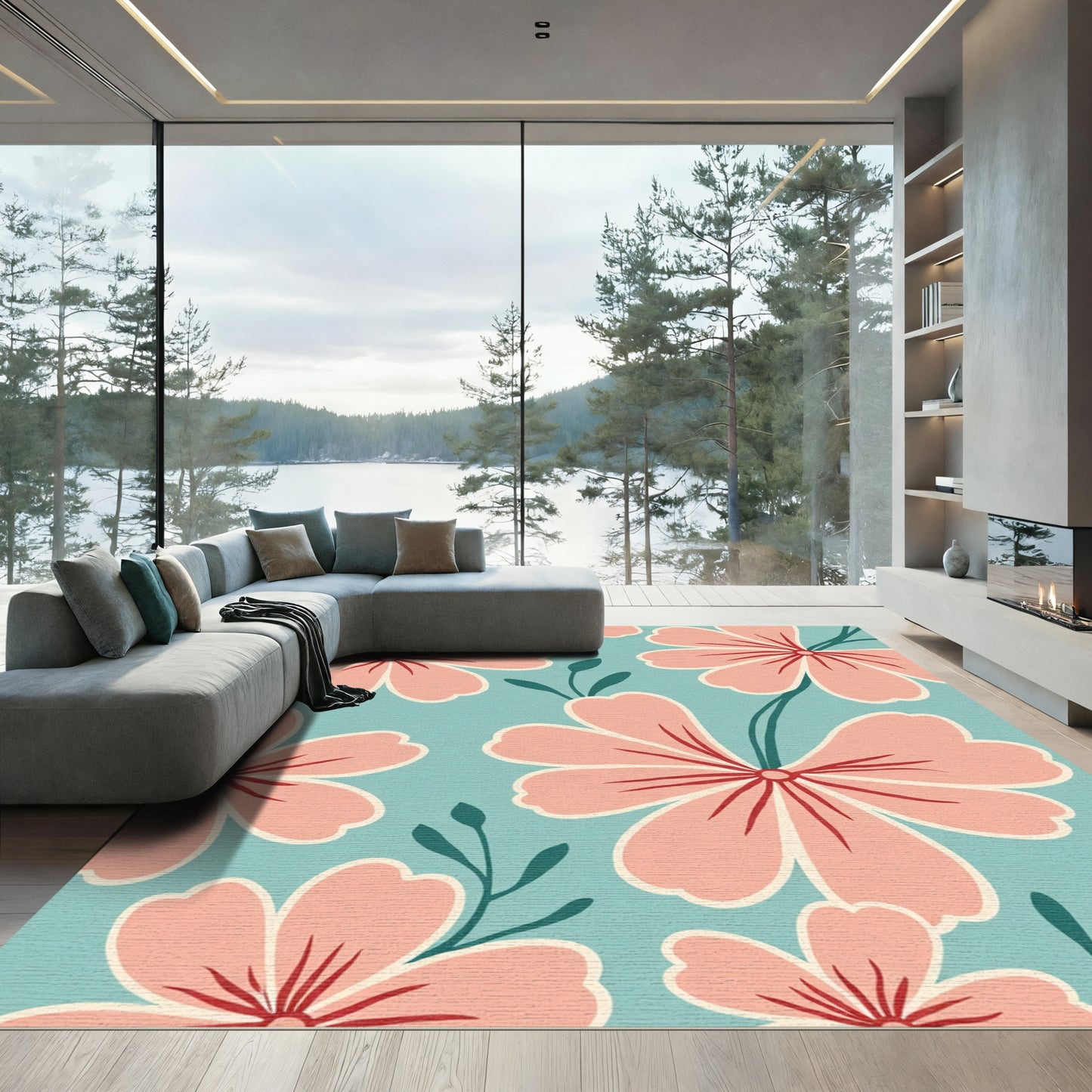 Soft Coral Blossom Bloom Teal Rug