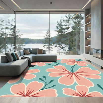 Soft Coral Blossom Bloom Teal Rug