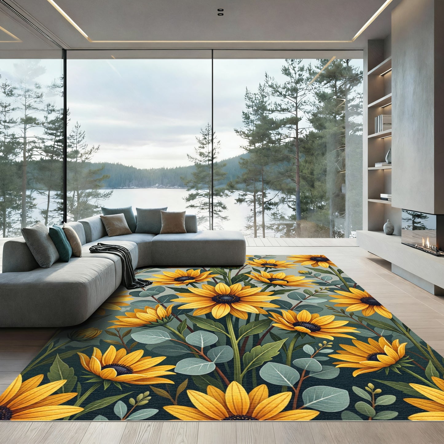 Golden Sunflower and Eucalyptus Botanical Illustration Rug