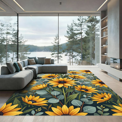Golden Sunflower and Eucalyptus Botanical Illustration Rug