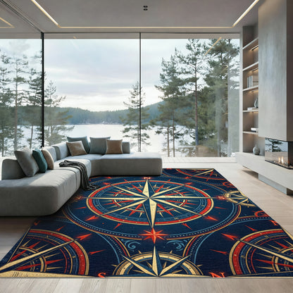 Vintage Nautical Compass Gold Navy Medallion Rug