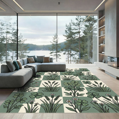 Sage Green Botanical Clover Checkered Art Rug