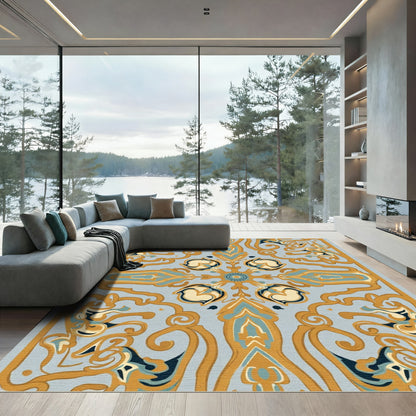 Golden Blue Floral Swirl Allegory Rug
