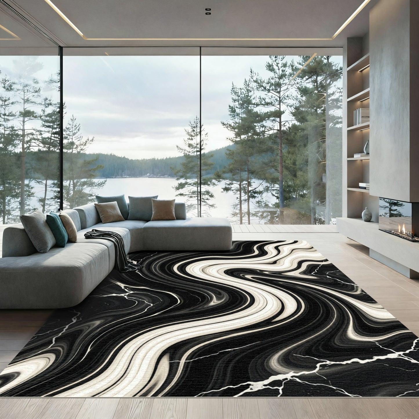 Monochrome Marble Abstract Liquid Swirl Rug