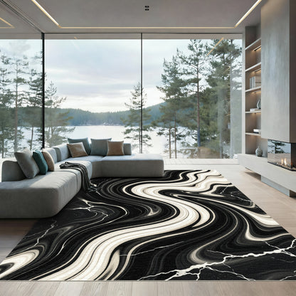 Monochrome Marble Abstract Liquid Swirl Rug