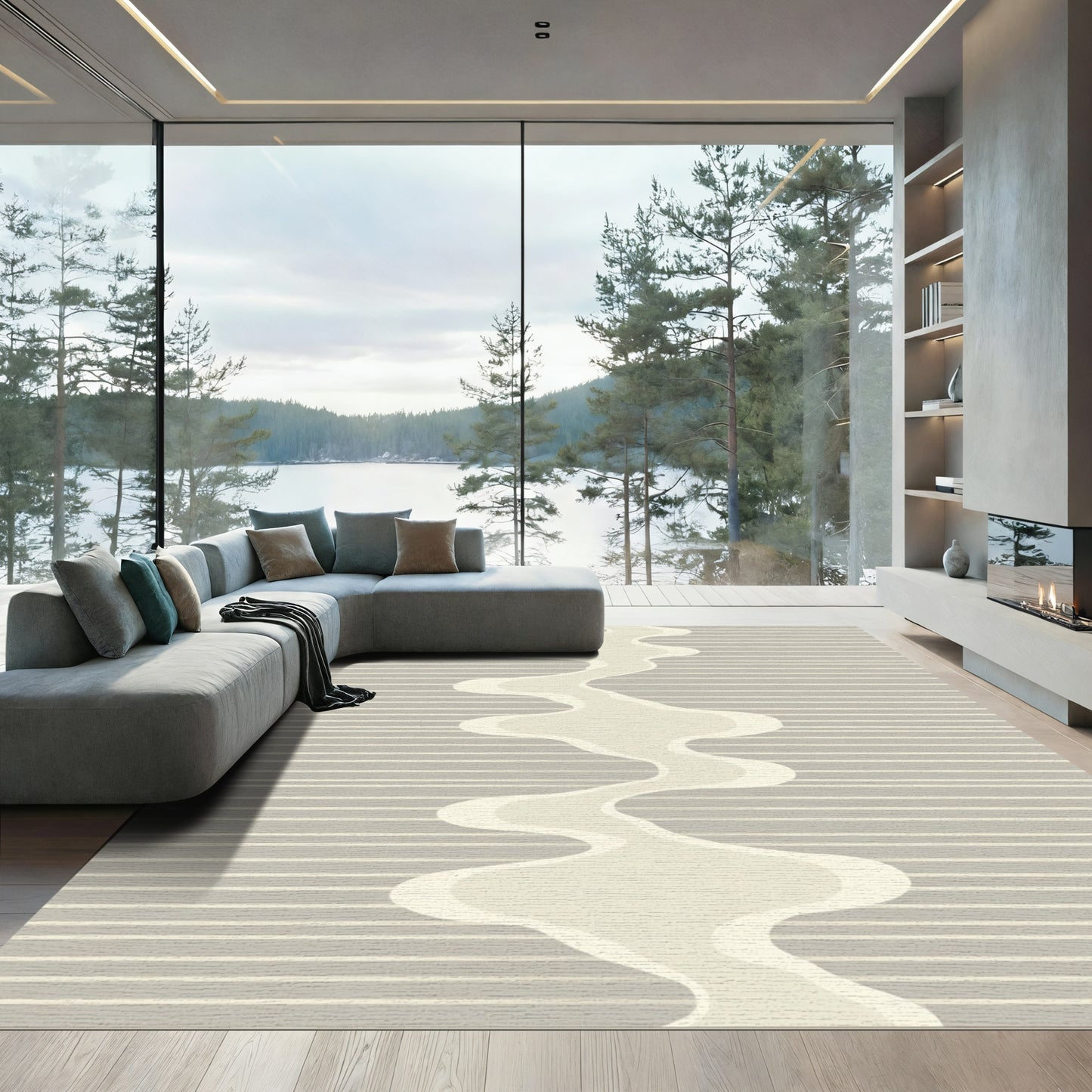 Neutral Cream Wavy Stripe Rug