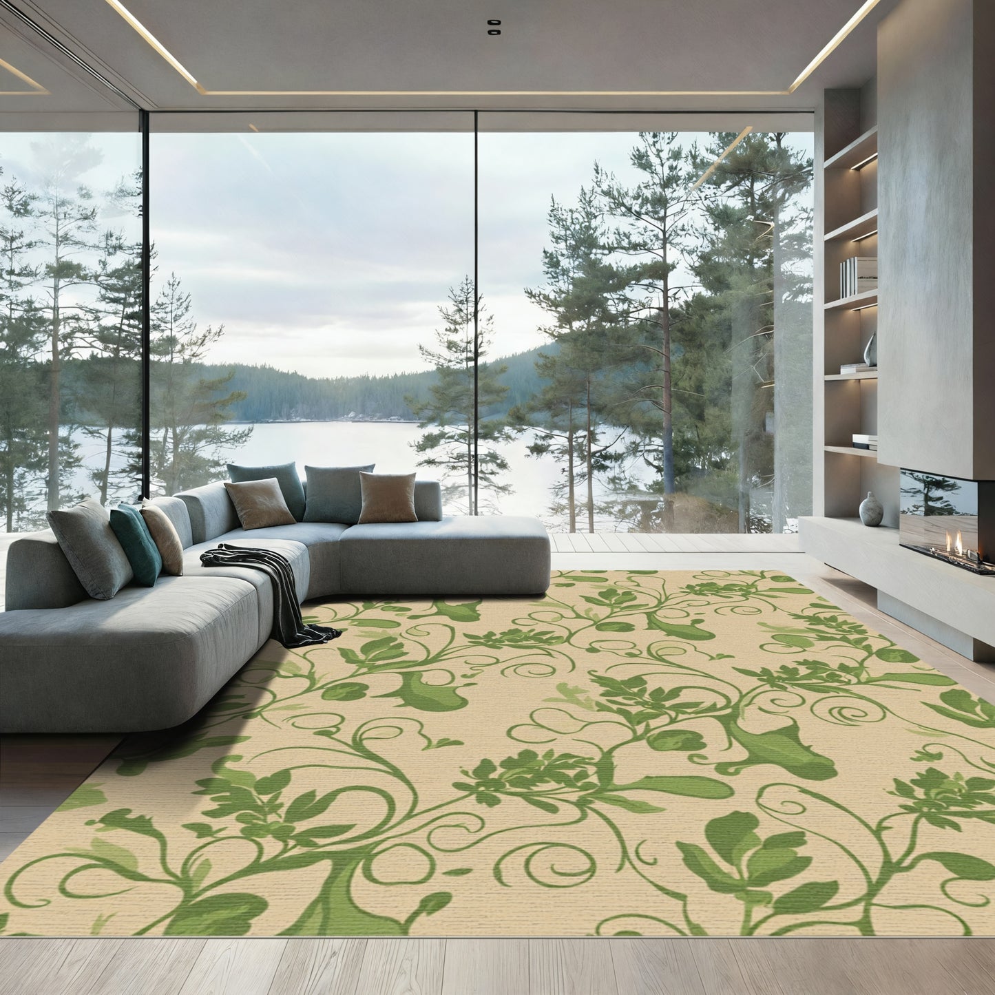 Vintage Green Floral Vine Scroll Rug