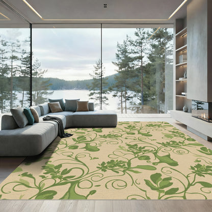 Vintage Green Floral Vine Scroll Rug