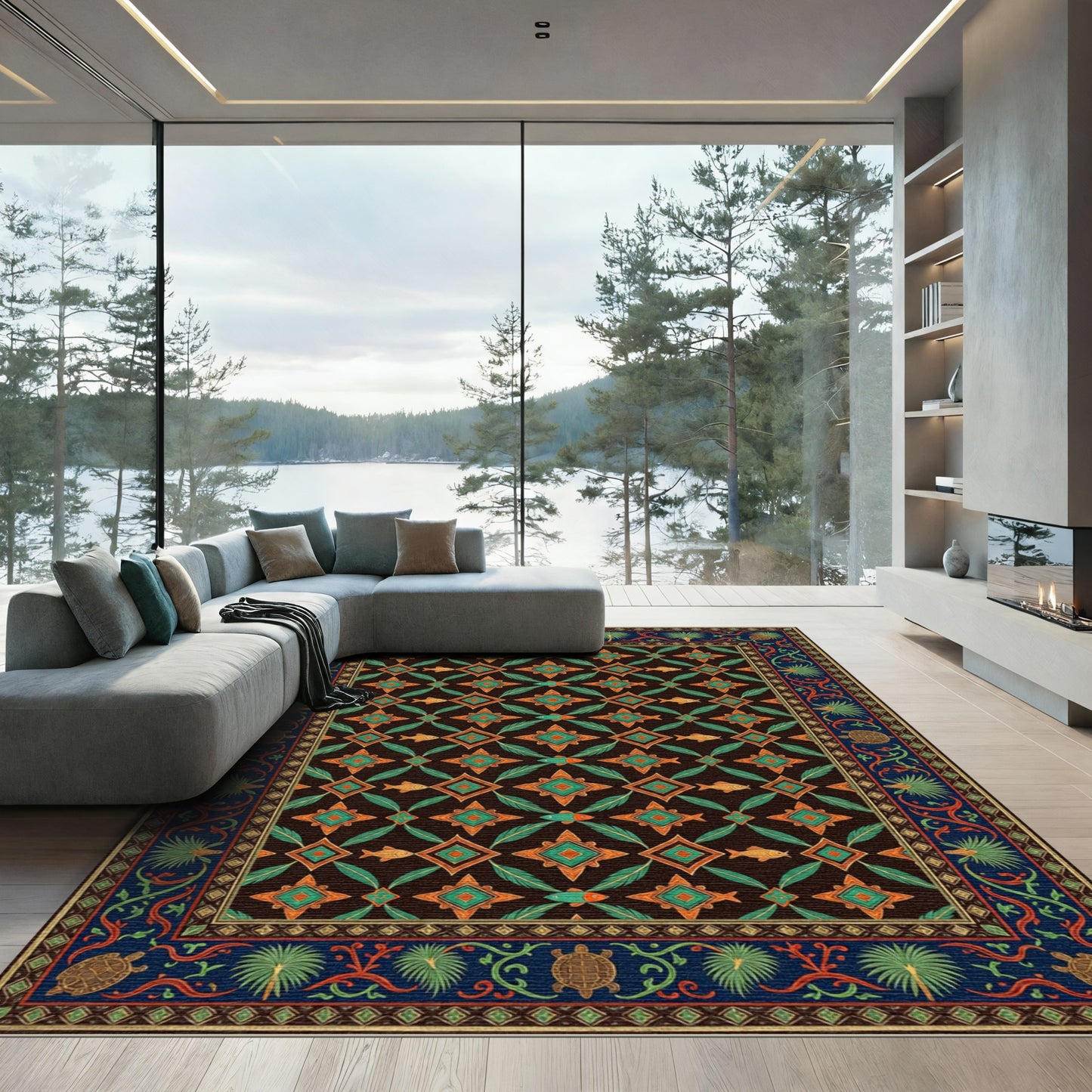 Ornate Teal and Orange Marine Geometric Rug