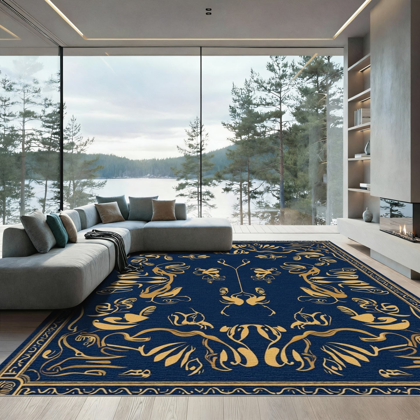Deep Blue Golden Abstract Floral Border Rug