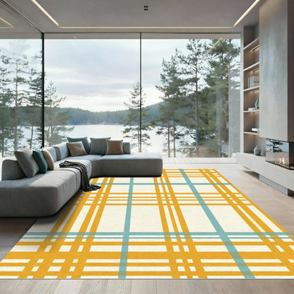Golden Teal Checkered Grid Rug