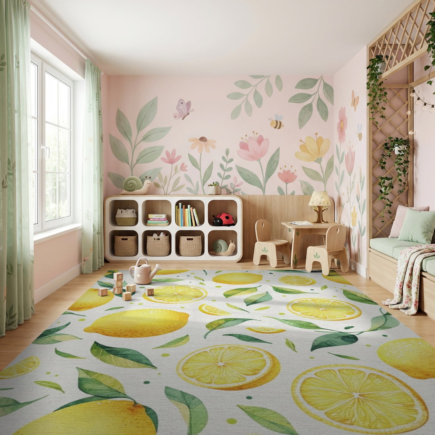 Vibrant Watercolor Lemons Green Leaves Rug