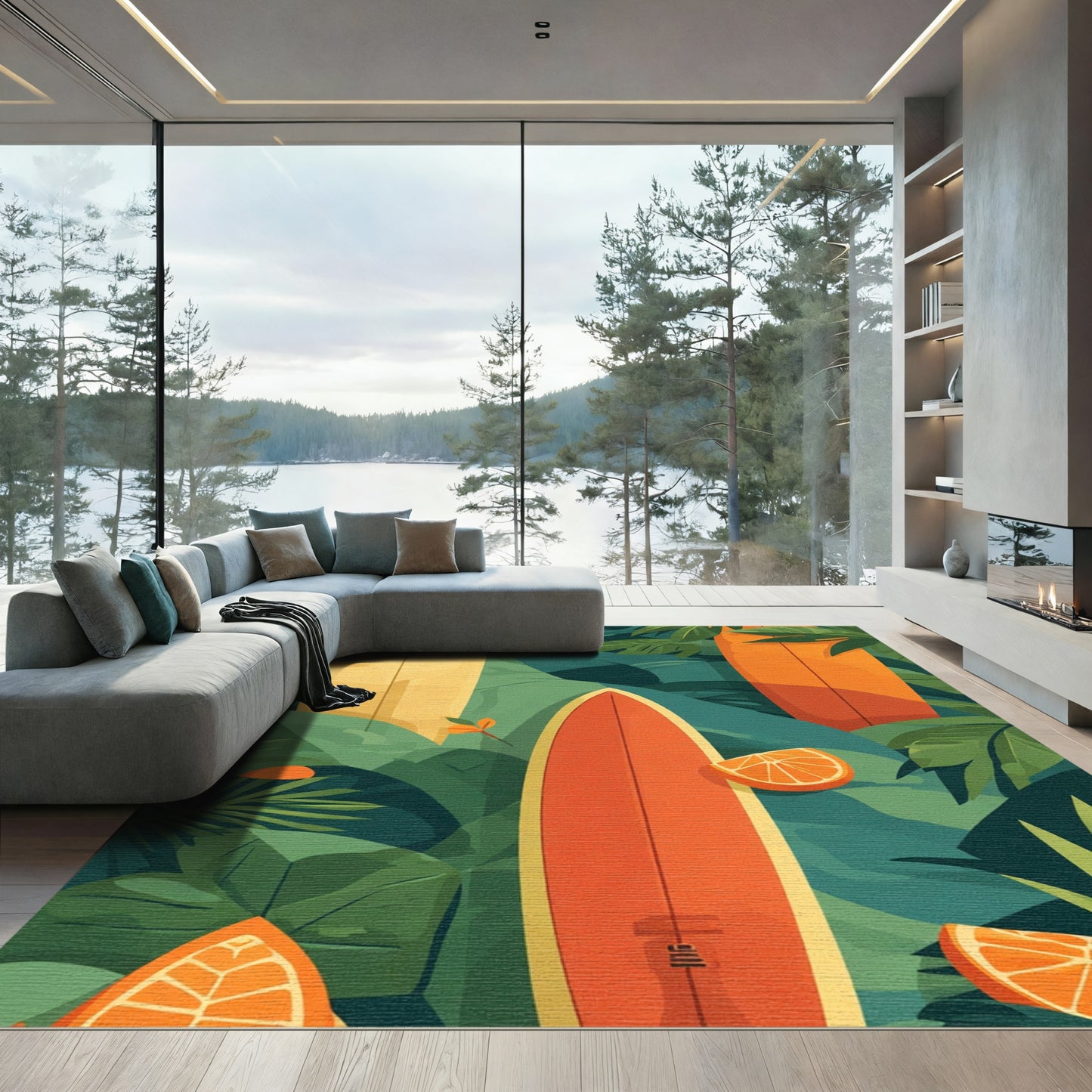 Tropical Surfboard Orange Citrus Greenery Rug