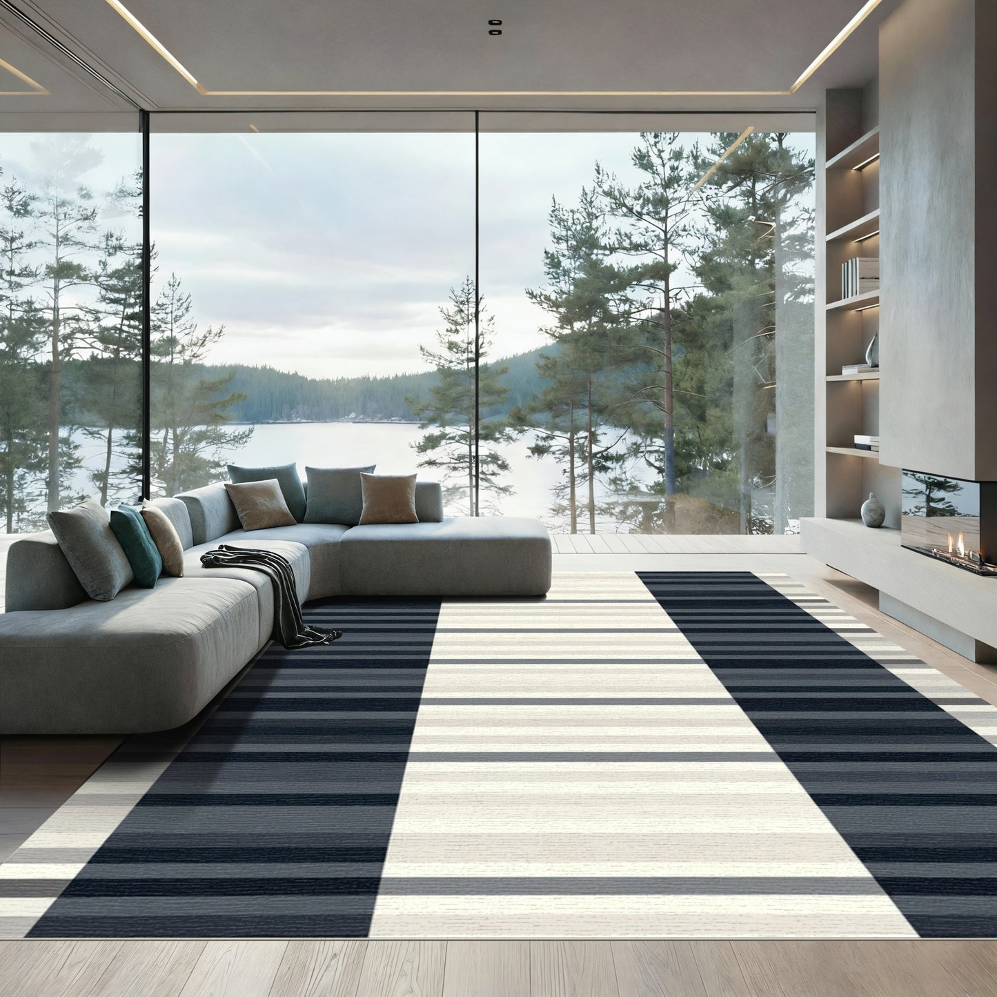 Modern Navy Cream Striped Block Rug