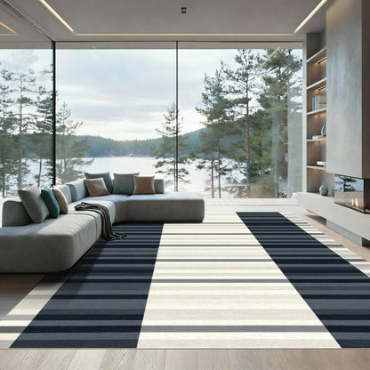 Modern Navy Cream Striped Block Rug