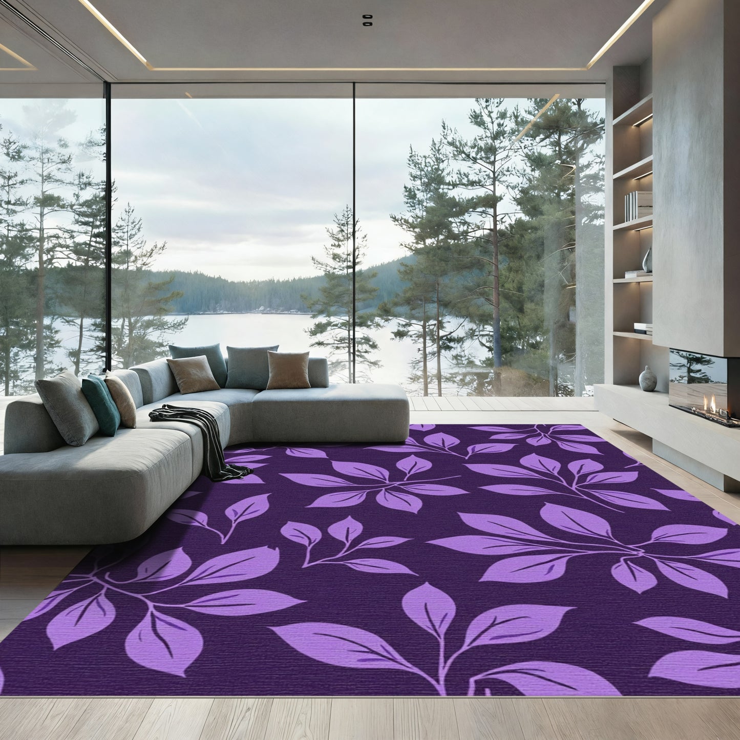 Vibrant Purple Leaf Branch Pattern Rug
