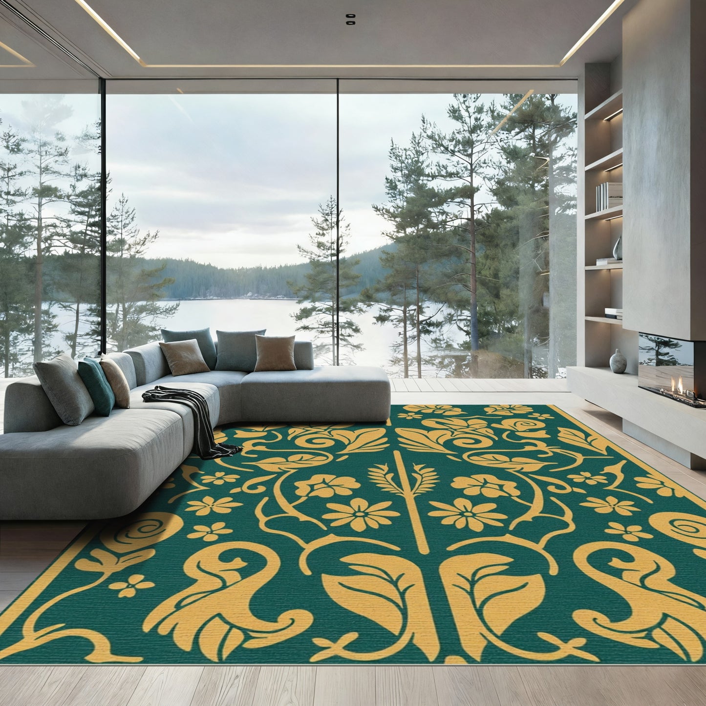 Emerald Gold Floral Medallion Art Nouveau Rug