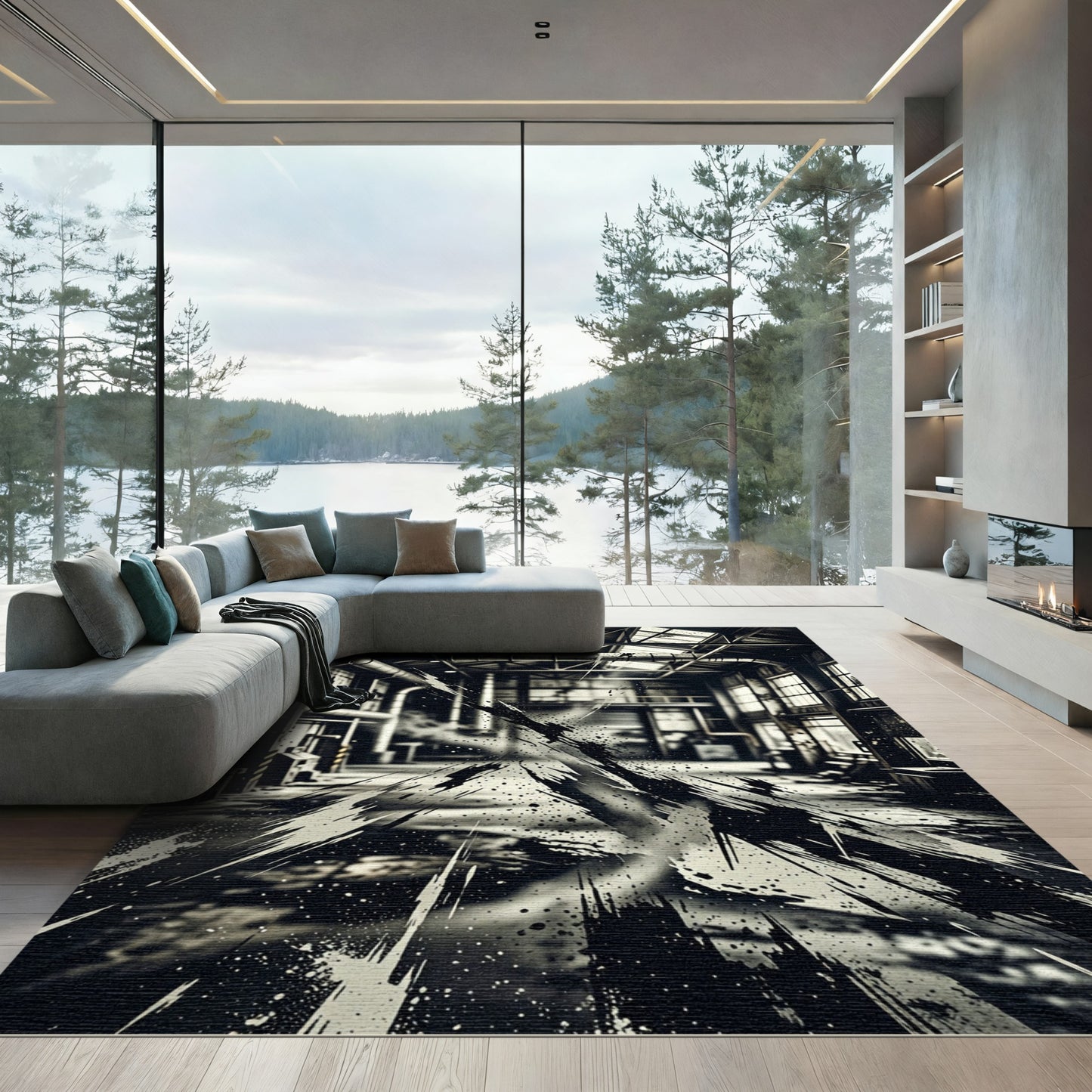 Monochrome Industrial Abstract Ink Splatter Rug