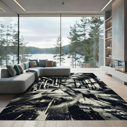 Monochrome Industrial Abstract Ink Splatter Rug