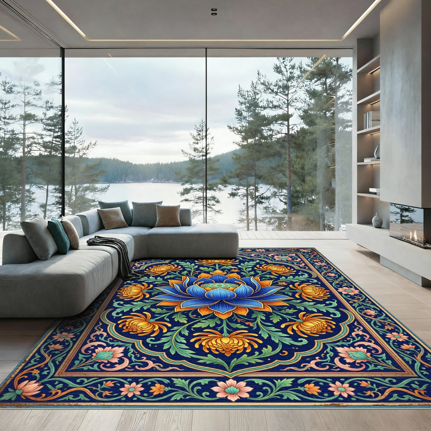 Vibrant Blue Lotus Golden Chrysanthemum Medallion Rug