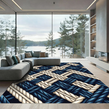 Navy and Cream Woven Rope Plait Rug