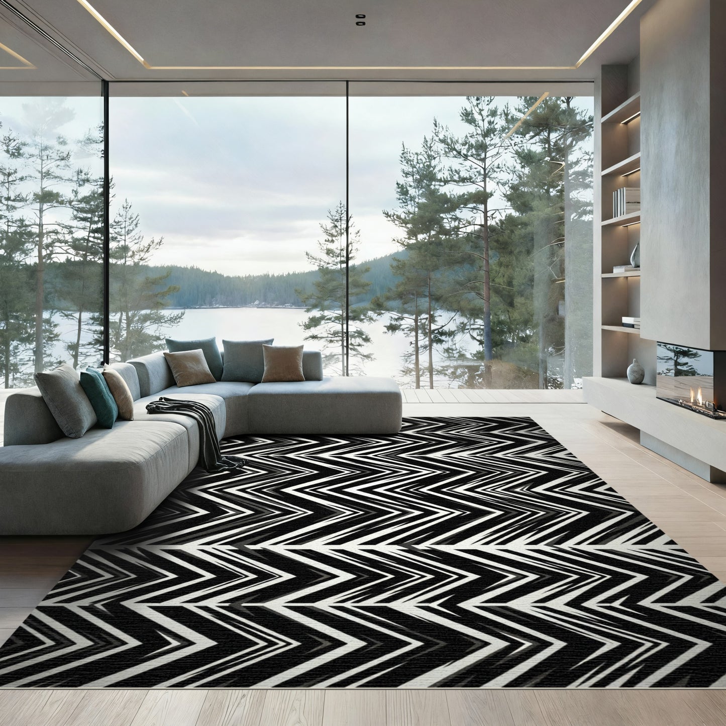 Bold Black White Chevron Stripe Rug