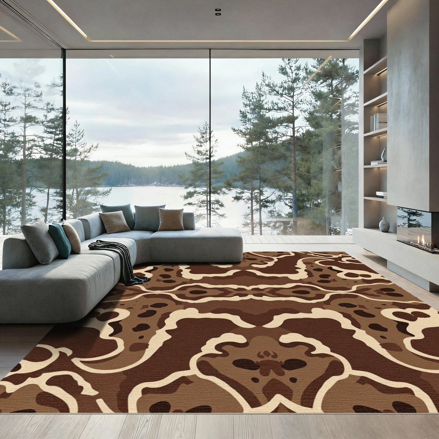 Brown Cream Organic Swirl Abstraction Rug
