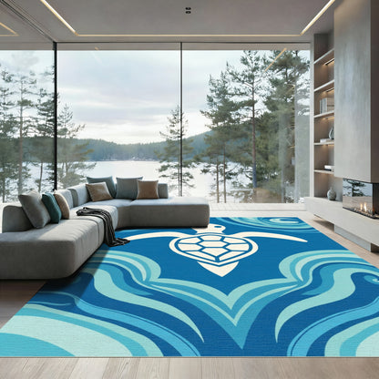 White Sea Turtle Blue Wave Art Rug