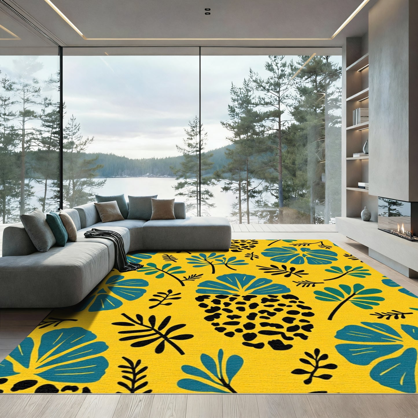 Exotic Teal and Black Floral Leopard Rug