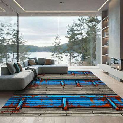 Ornate Blue Rusted Wood Dock Rug