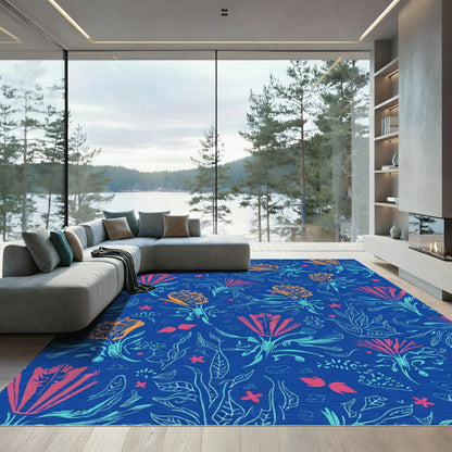Blue Coral Orange Floral Garden Rug