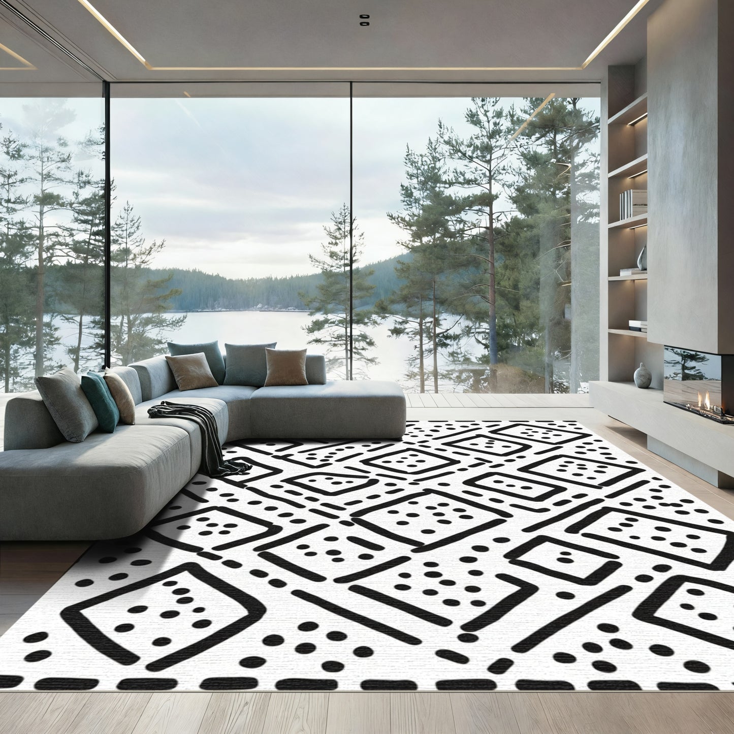Bold Black Diamond Grid Square Rug