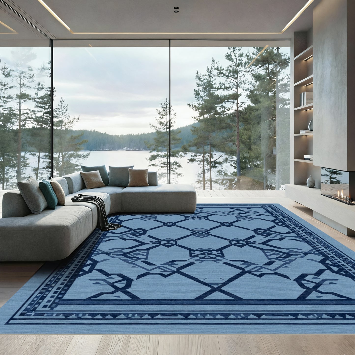 Indigo Blue Geometric Lattice Rug