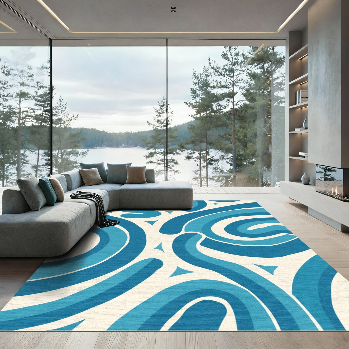 Oceanic Blue Swirls Abstract Rug