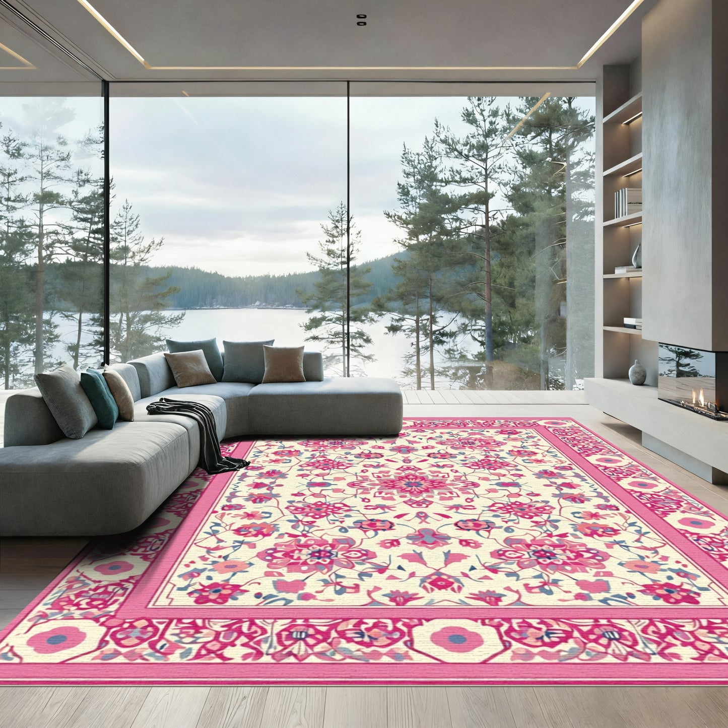 Vibrant Pink Floral Medallion Cream Rug