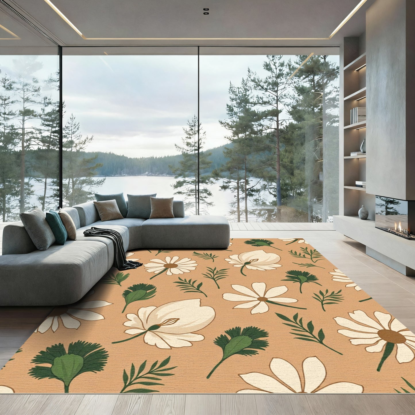 Cream Floral Leaves Earthy Tone Rug