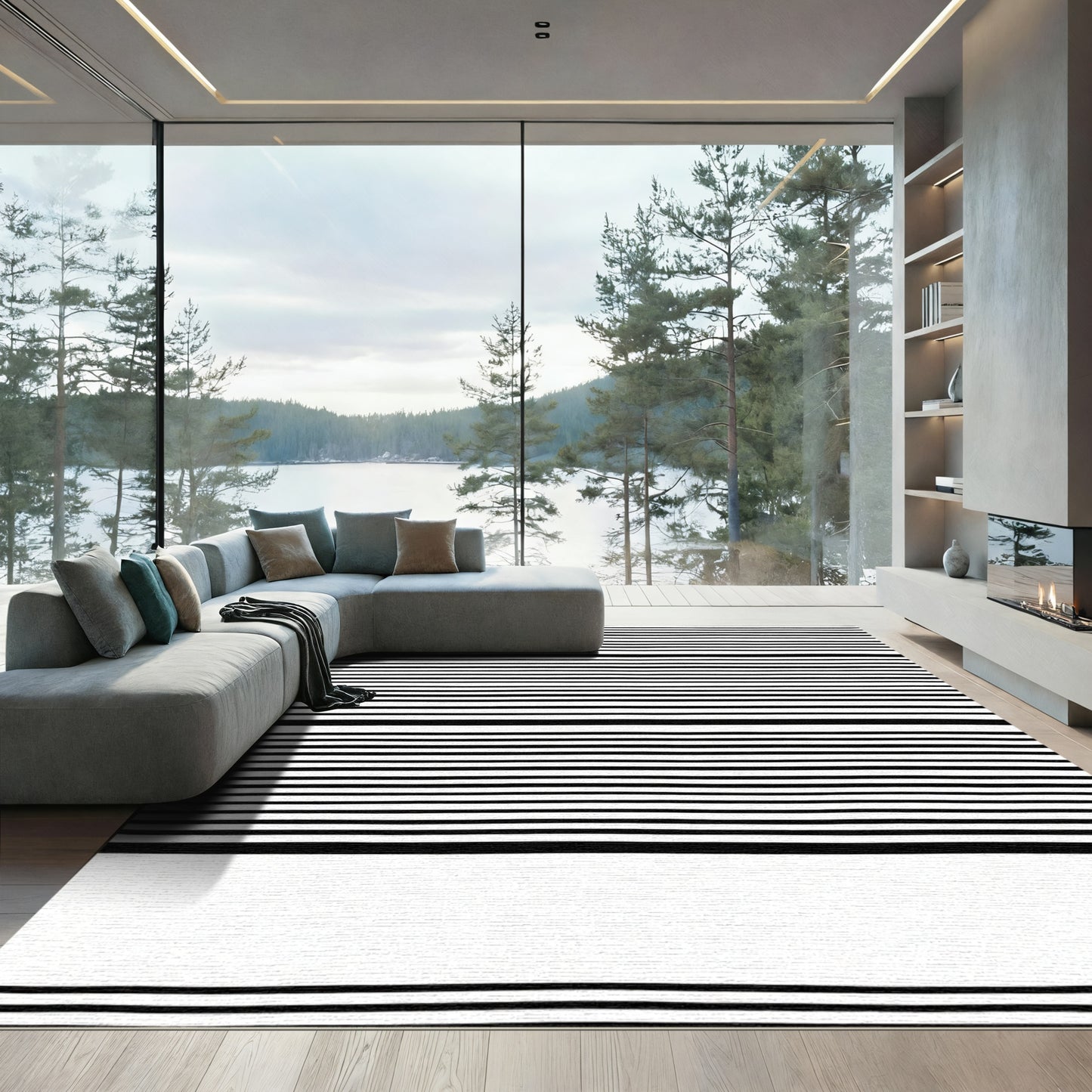 Monochromatic Black White Line Wave Rug