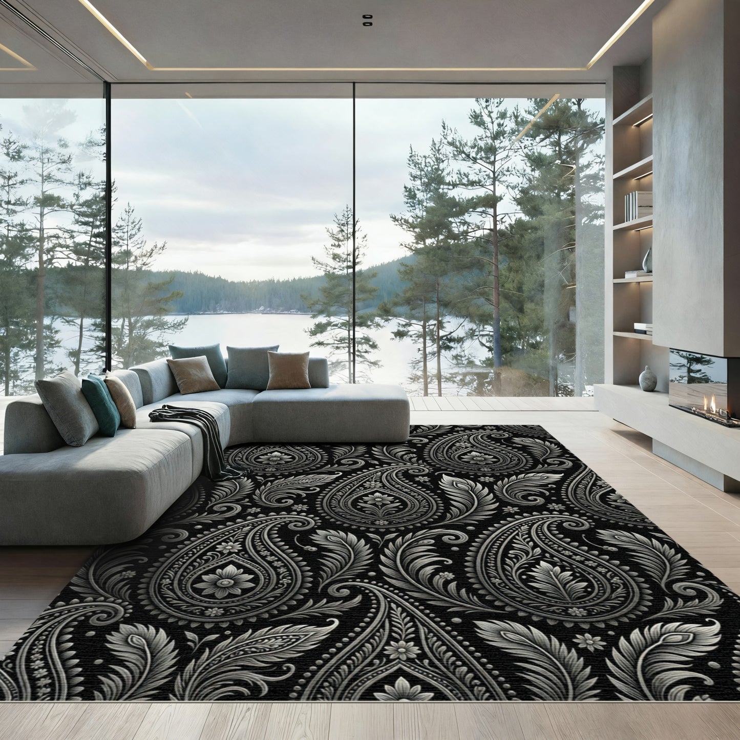 Ornate Gray Paisley Floral Scroll Rug