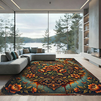 Vintage Amber Floral Ornate Medallion Rug