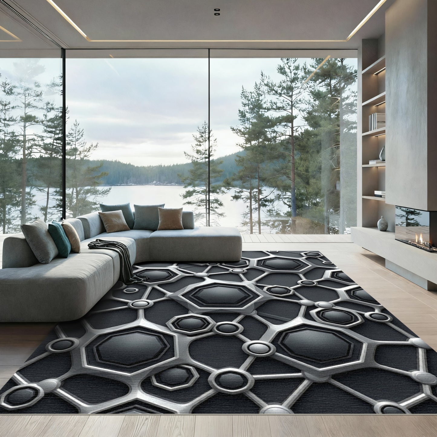 Metallic Silver Geometric Hexagon Grid Rug