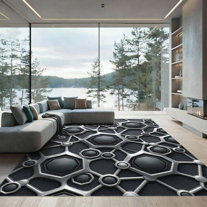 Metallic Silver Geometric Hexagon Grid Rug